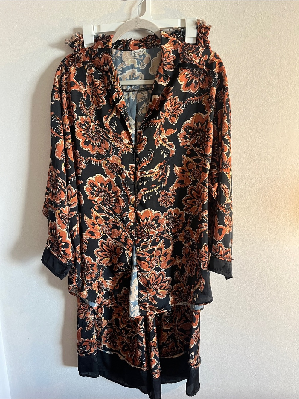 Free People Black & Orange Floral Satin Pajama Set